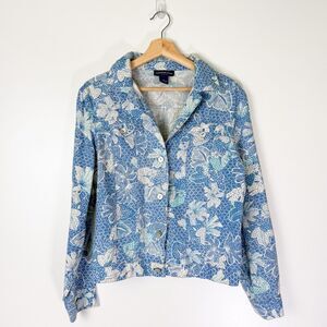 Charter Club Womens Vintage 100% Linen Jacket Sz Medium Blue White Floral